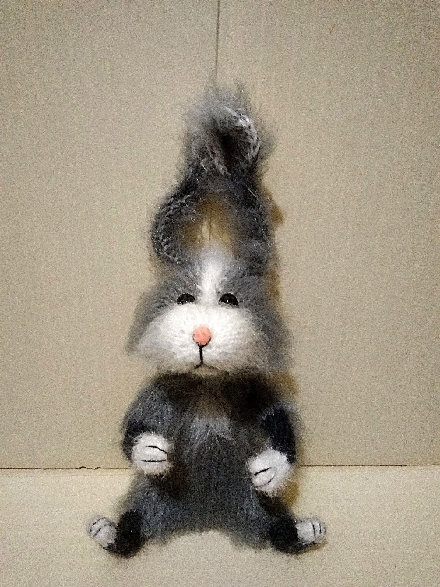 Handmade Plush Gray and White Rabbit: Knitted Easter Bunny Toy