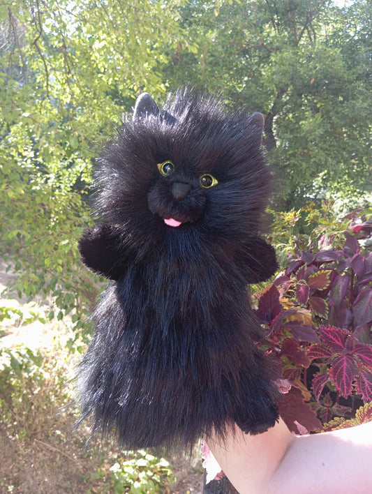 Black Cat Handmade Puppet, Fluffy Cat Hand Puppet, Glove Marionette Cat Plush