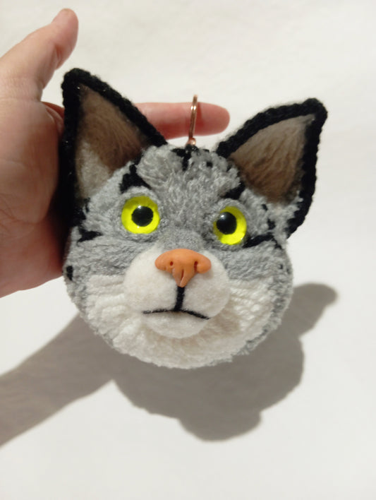 Plush Gray Cat Car Hanger: Handmade Amigurimi Keychain