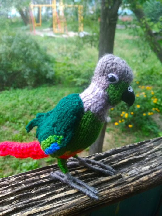 Plush Crochet Green Cheek Conure: Handmade Parrot Bird Figurine