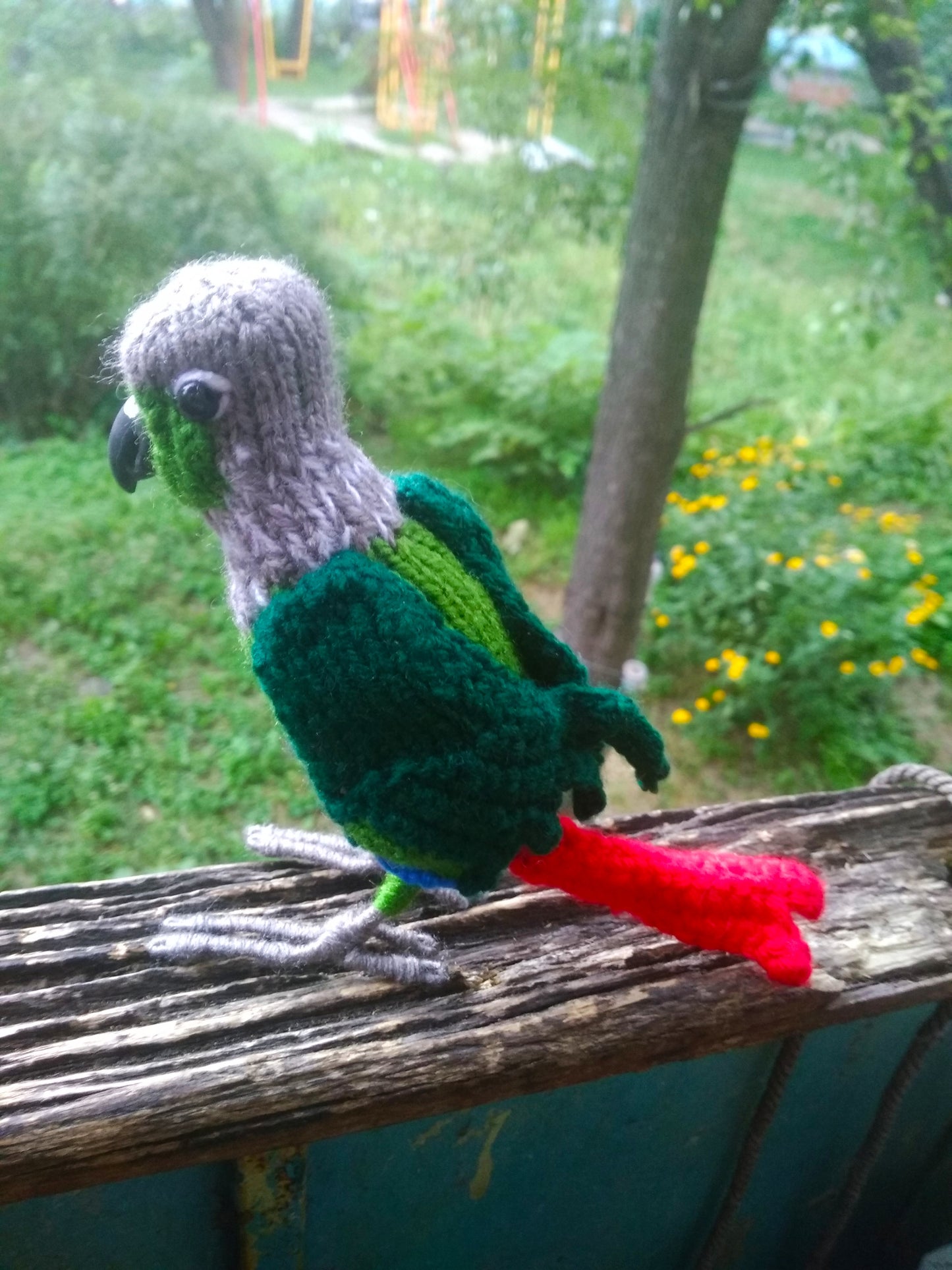 Plush Crochet Green Cheek Conure: Handmade Parrot Bird Figurine