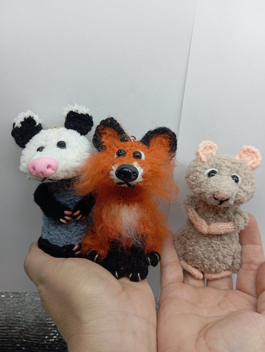 Set of Crochet Animal Toys: Handmade Little Mouse, Orange Fox, Possum Plushie