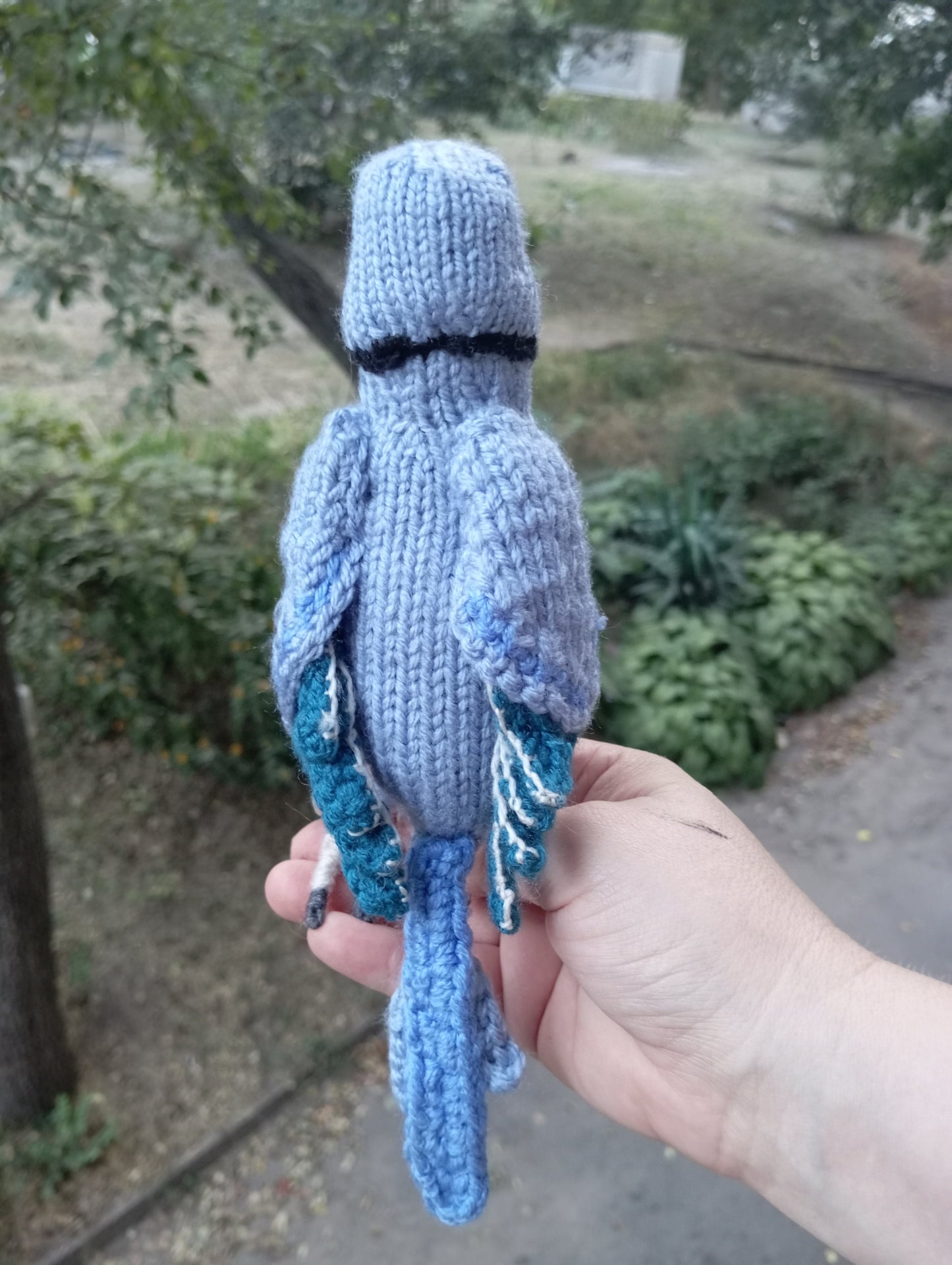 Knitted Blue Parrot Figurine: Plush Ringneck Parrot Bird Amigurumi