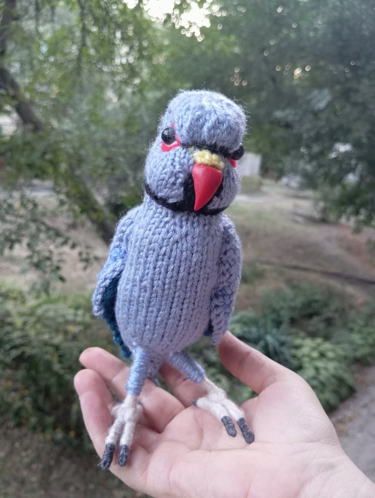 Knitted Blue Parrot Figurine: Plush Ringneck Parrot Bird Amigurumi
