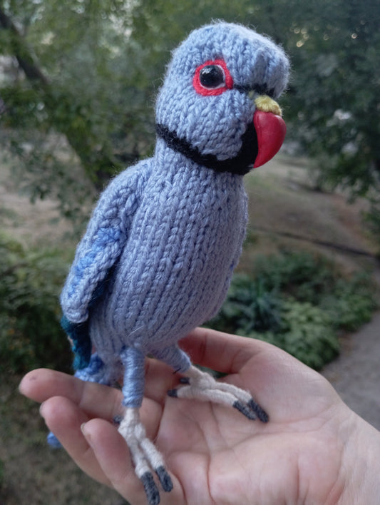 Knitted Blue Parrot Figurine: Plush Ringneck Parrot Bird Amigurumi