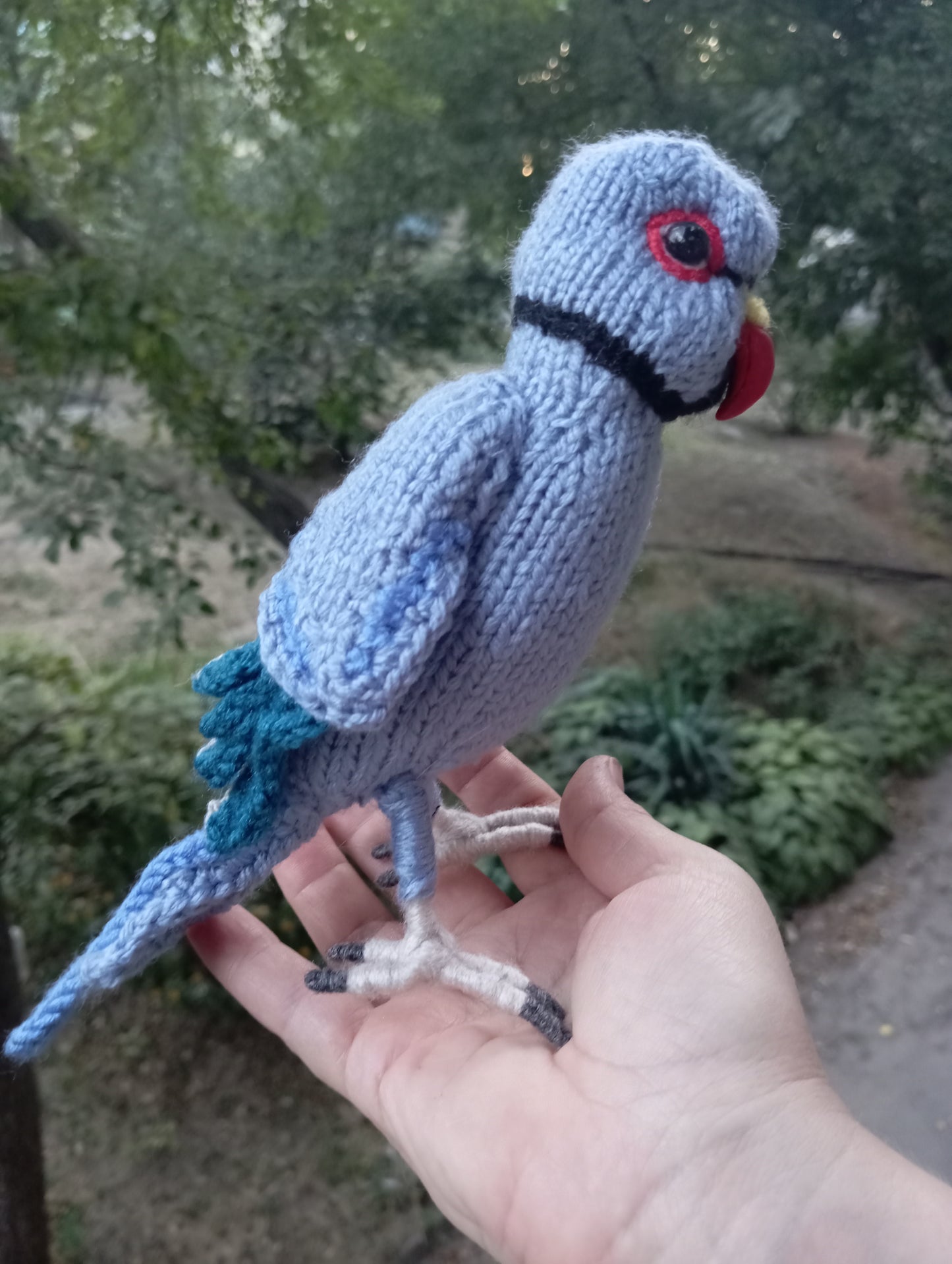 Knitted Blue Parrot Figurine: Plush Ringneck Parrot Bird Amigurumi