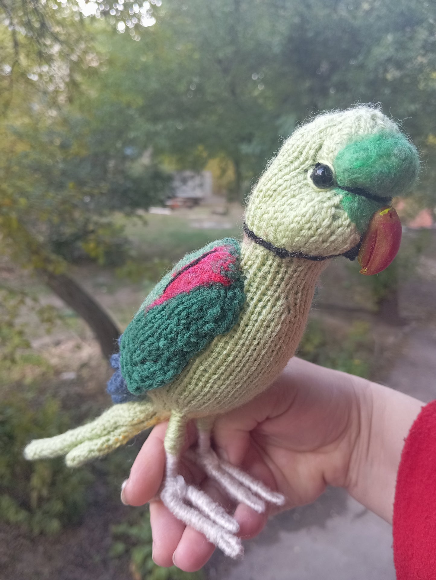 Knitted Green Parrot Figurine: Handmade Ringneck Parrot Plushie