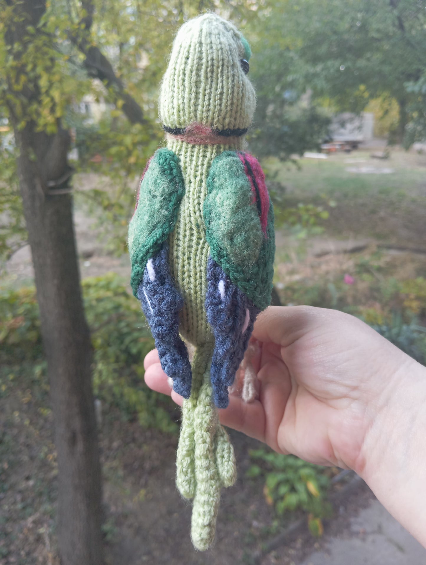 Knitted Green Parrot Figurine: Handmade Ringneck Parrot Plushie