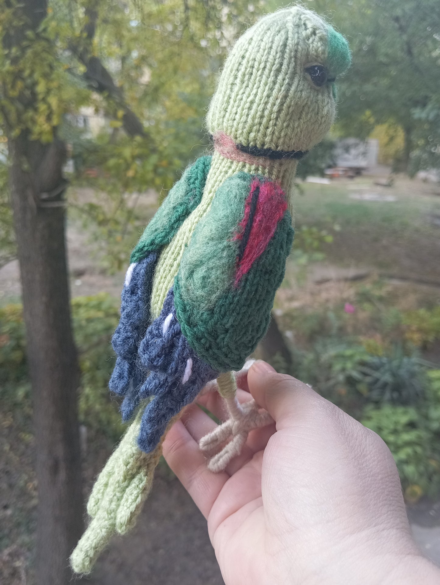 Knitted Green Parrot Figurine: Handmade Ringneck Parrot Plushie