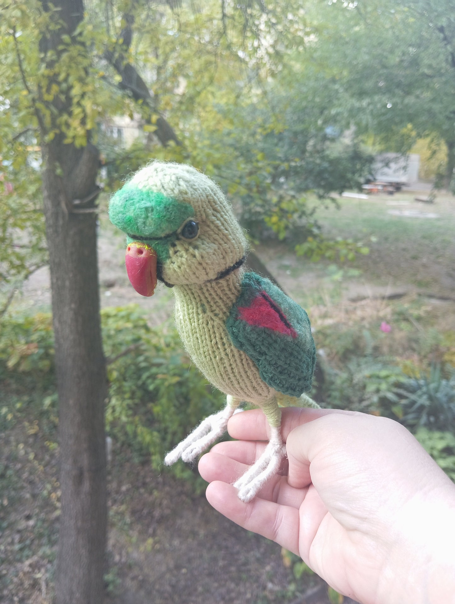 Knitted Green Parrot Figurine: Handmade Ringneck Parrot Plushie
