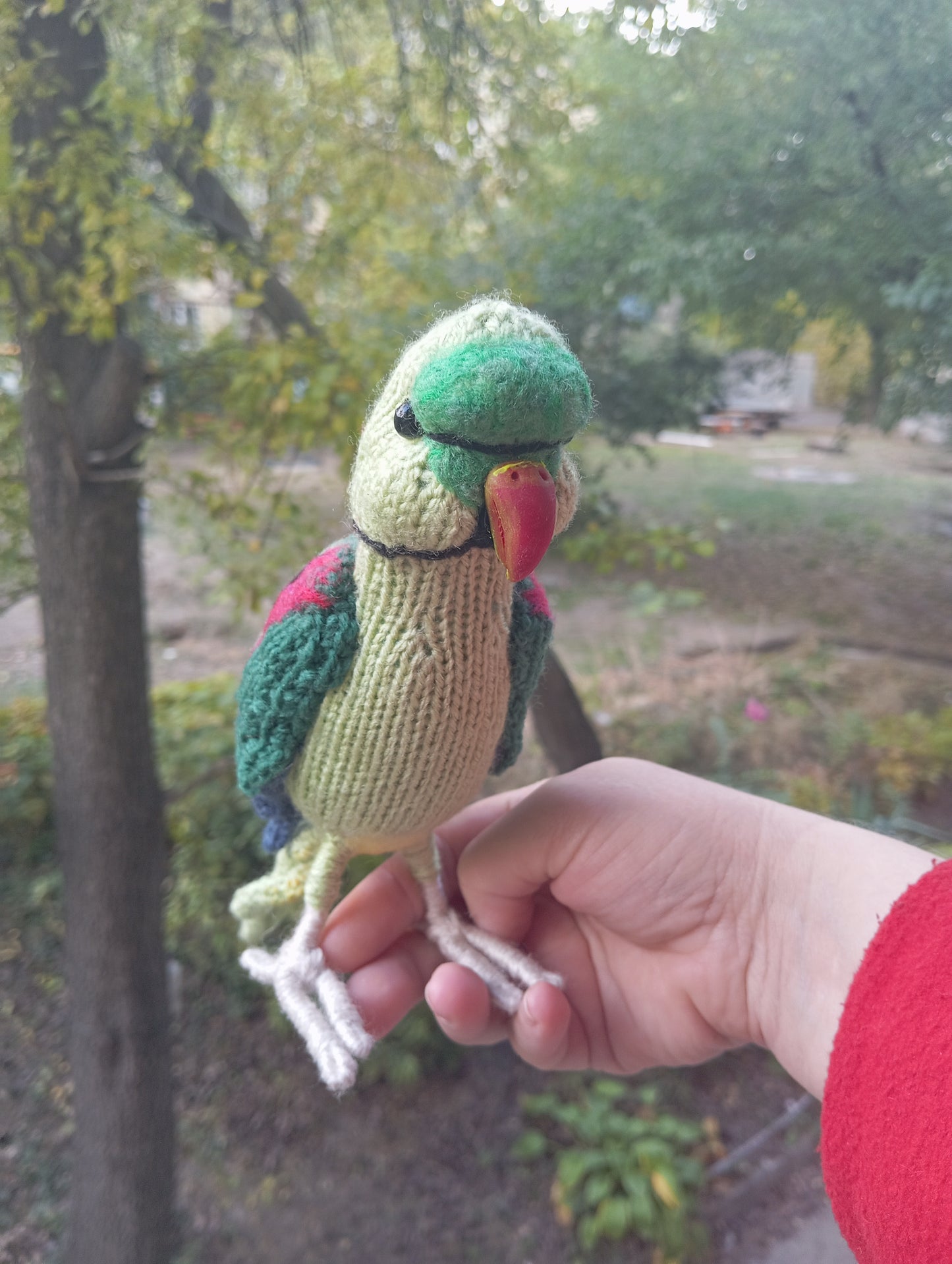 Knitted Green Parrot Figurine: Handmade Ringneck Parrot Plushie