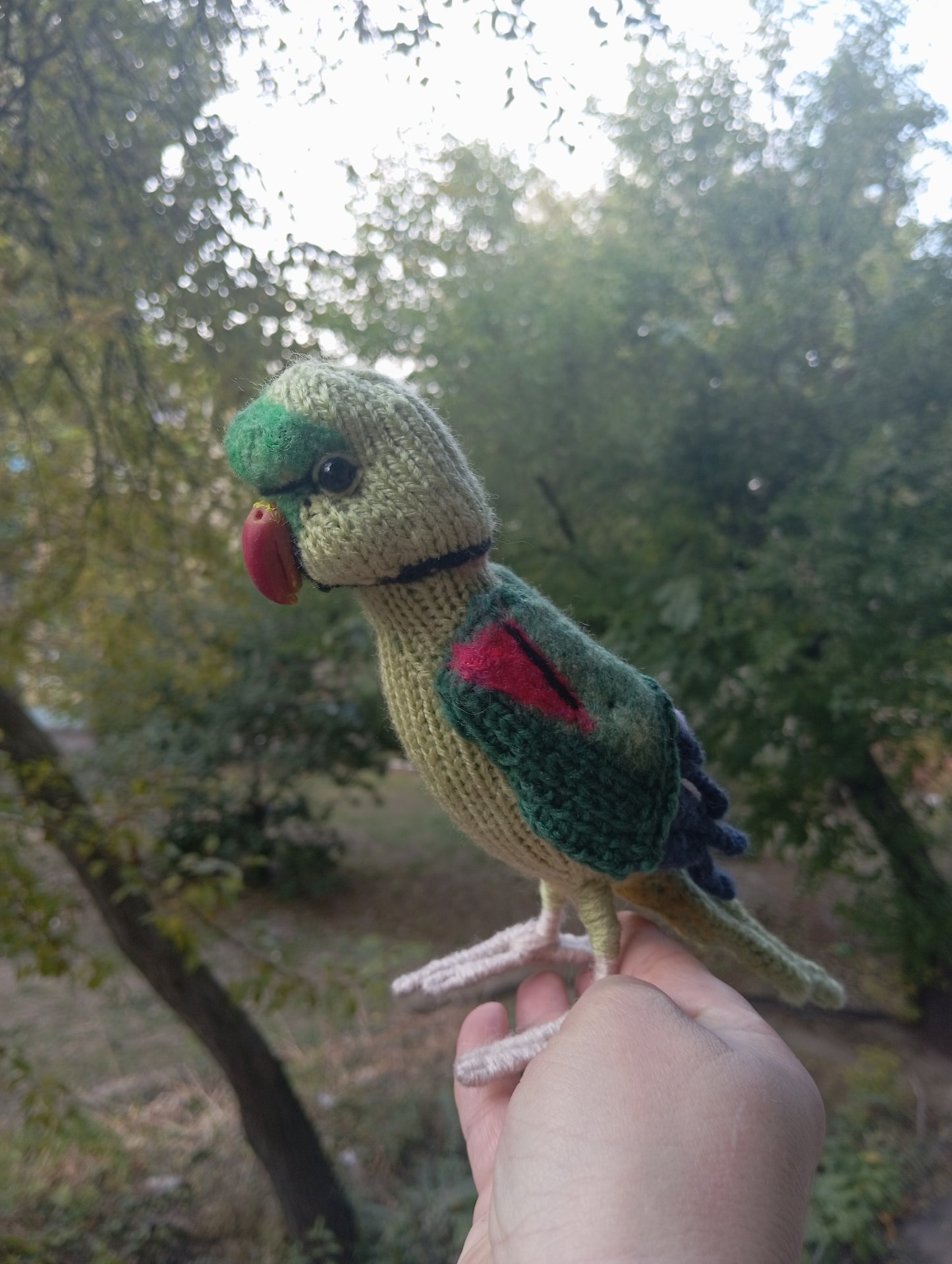 Knitted Green Parrot Figurine: Handmade Ringneck Parrot Plushie