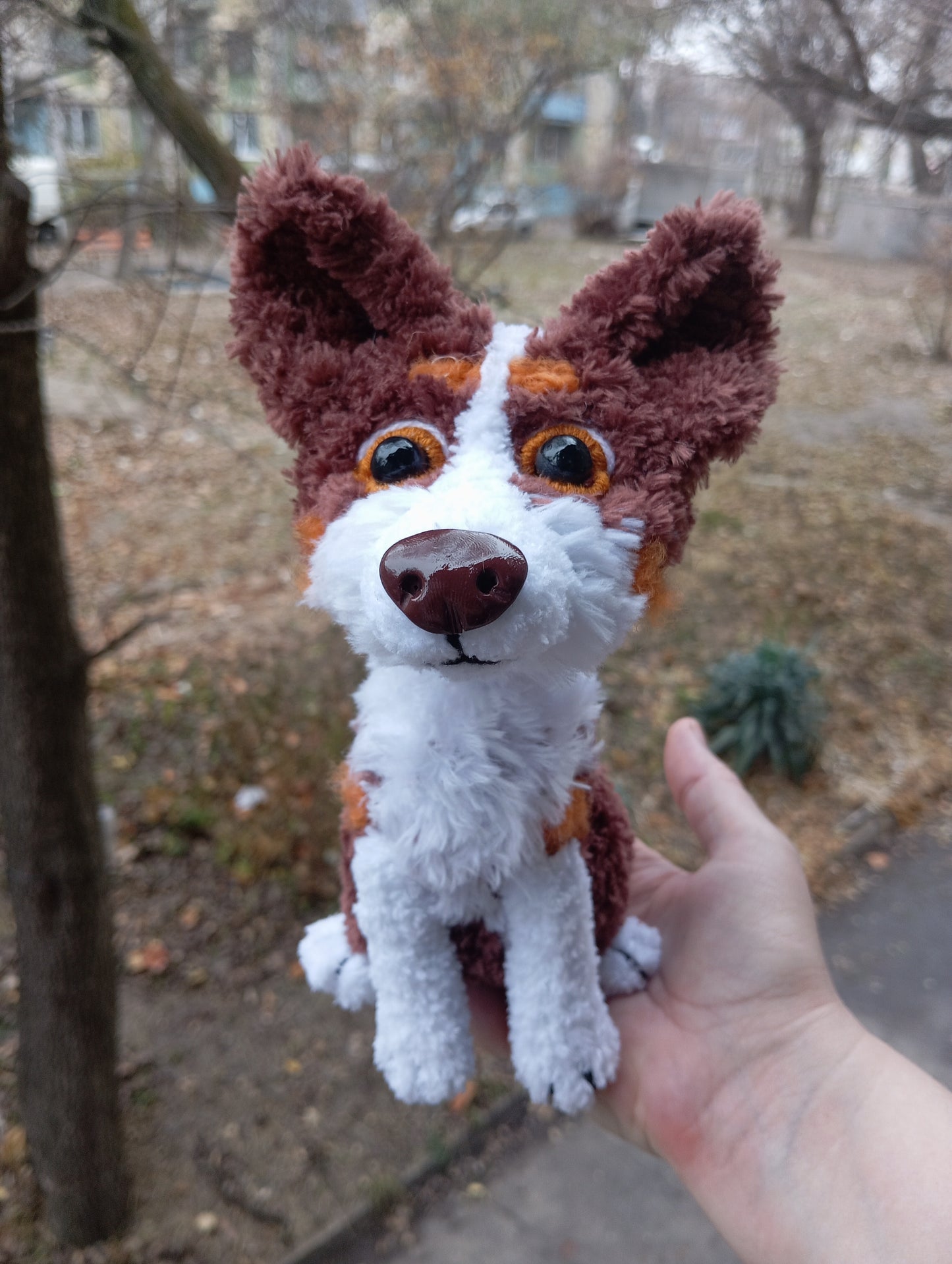 Knitted Australian Shepherd Figurine, Crohet Aussie Stuffed Dog, Cute Australian Shepherd Toy