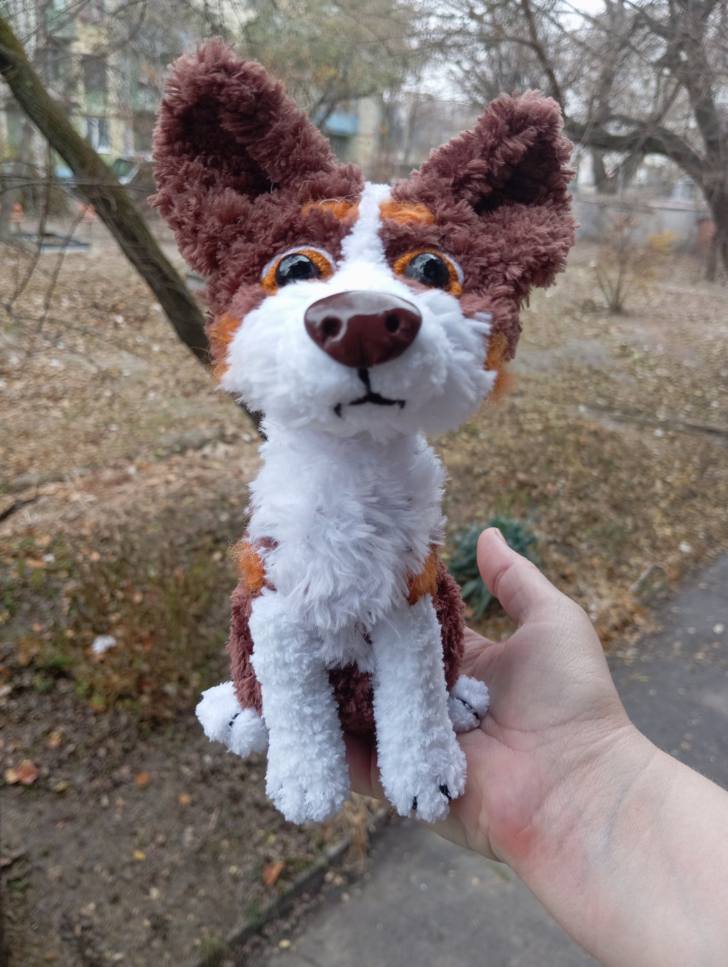 Knitted Australian Shepherd Figurine, Crohet Aussie Stuffed Dog, Cute Australian Shepherd Toy