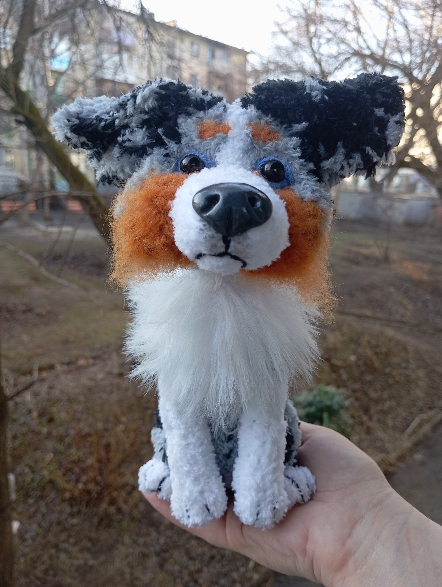 Knitted Australian Shepherd Figurine, Crohet Aussie Stuffed Dog, Cute Australian Shepherd Toy