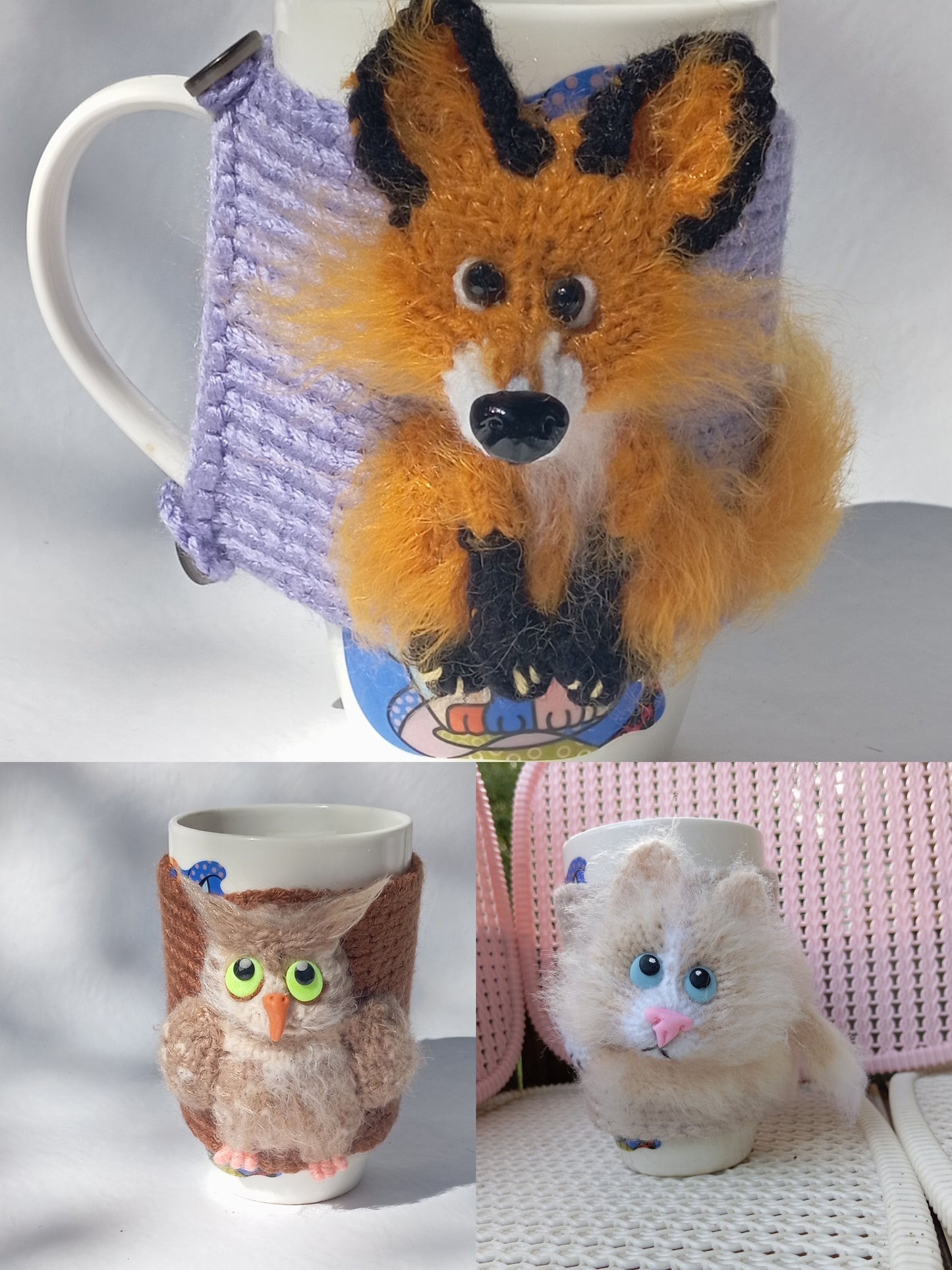 Cozy cat, fox, owl knitted cup sleeves