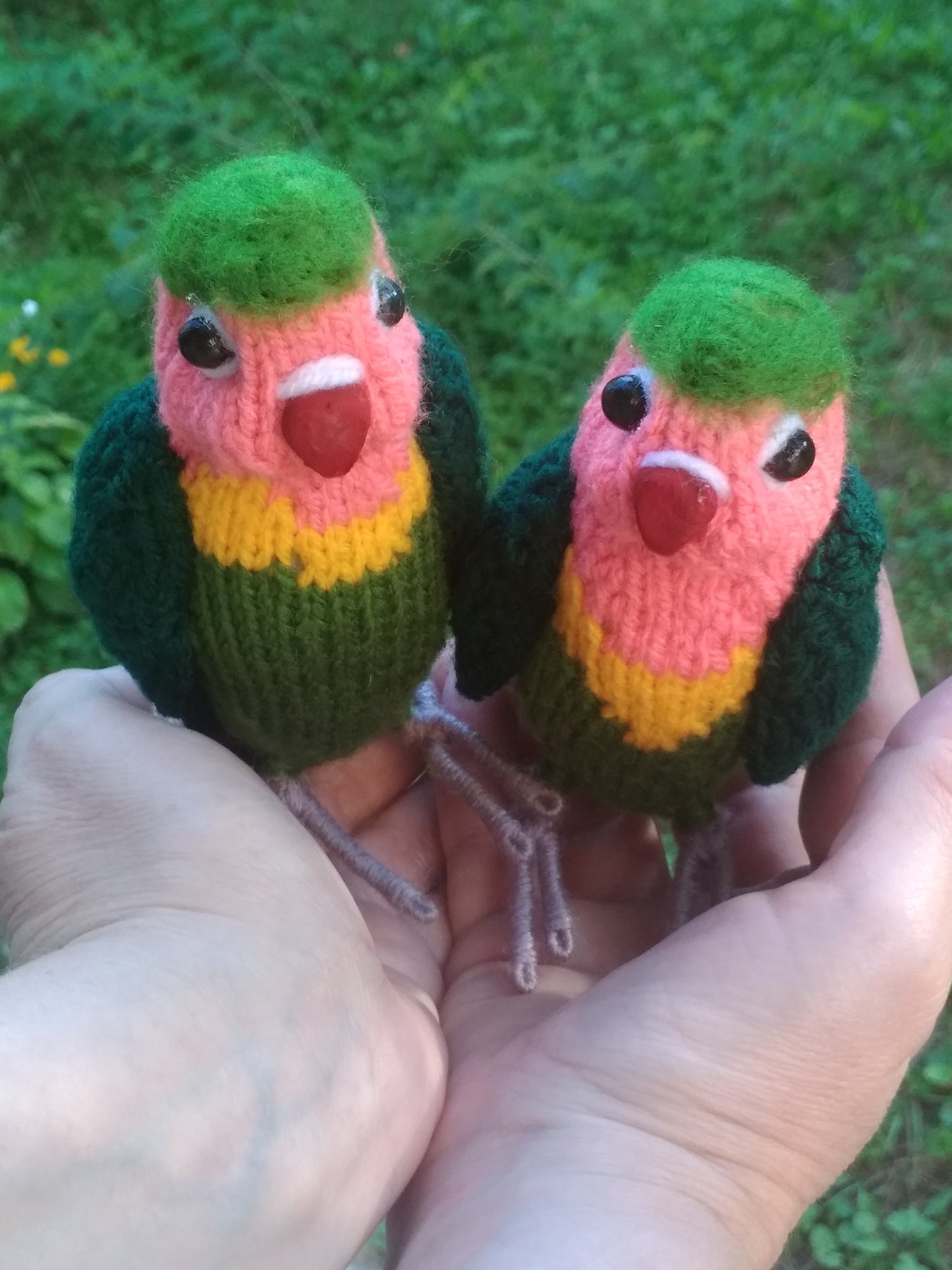 Lovebirds parrots knitted figurines