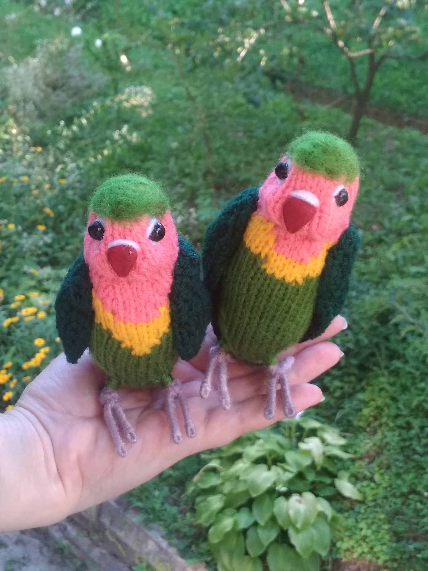 Lovebirds parrots knitted figurines