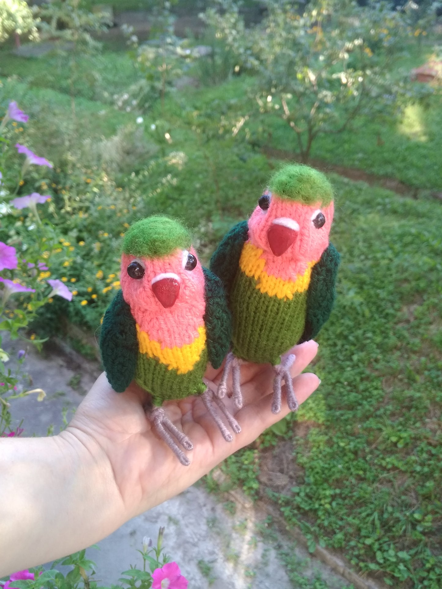 Lovebirds parrots knitted figurines