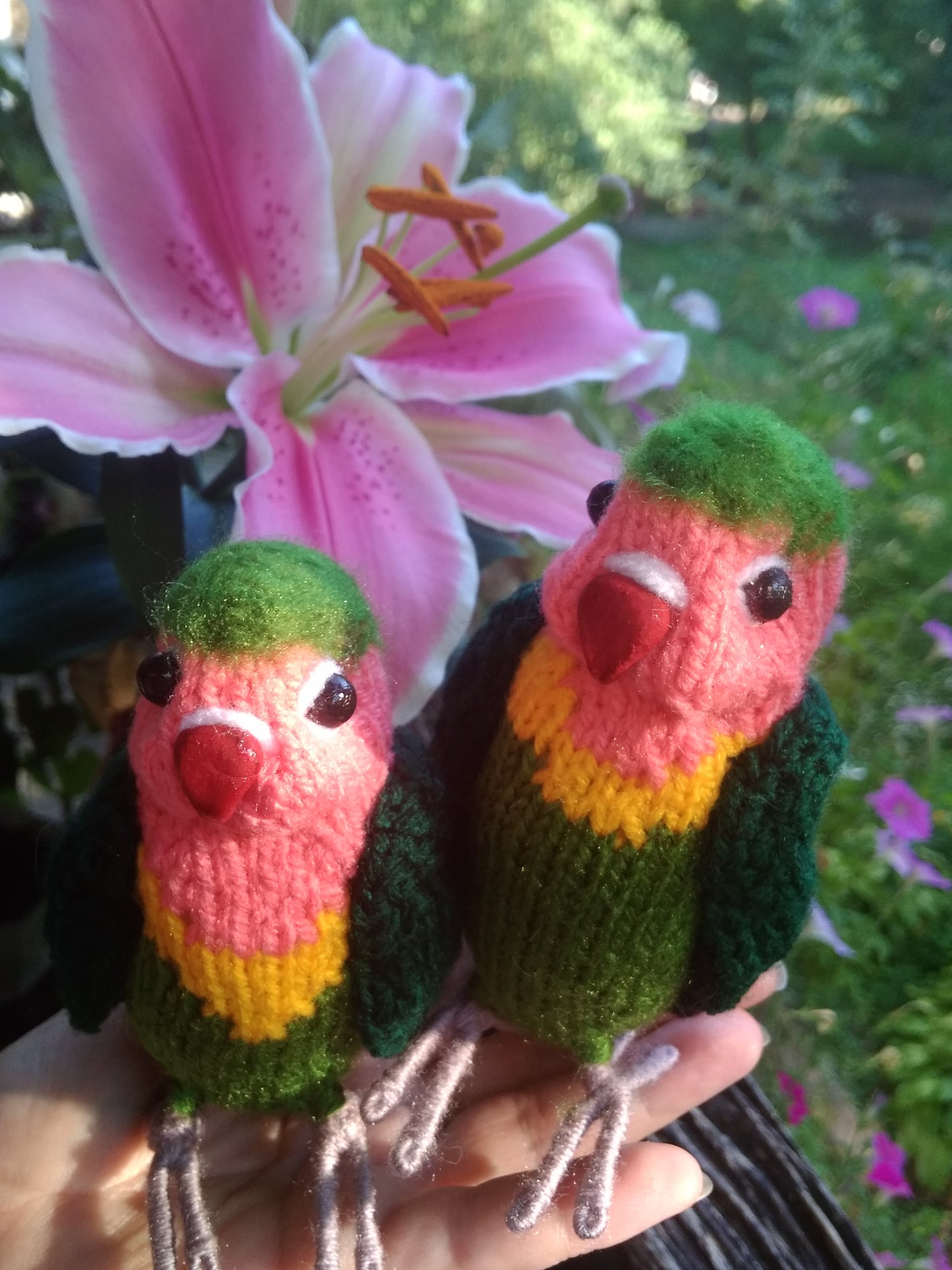 Lovebirds parrots knitted figurines