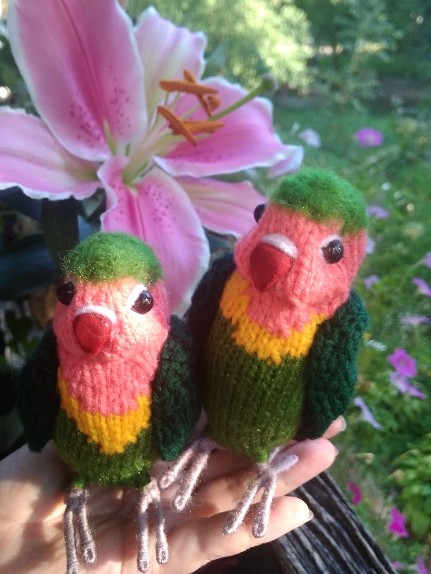 Lovebirds parrots knitted figurines