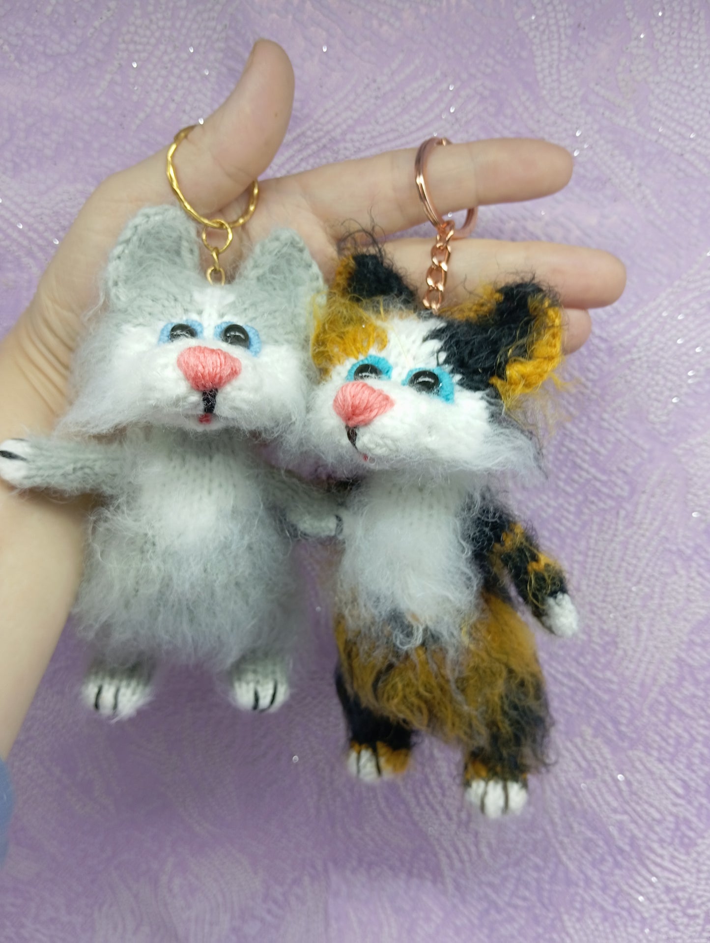 Calico and Gray Cats Car Pendant, Plush Keychain, Crochet Toy, Car Accessory