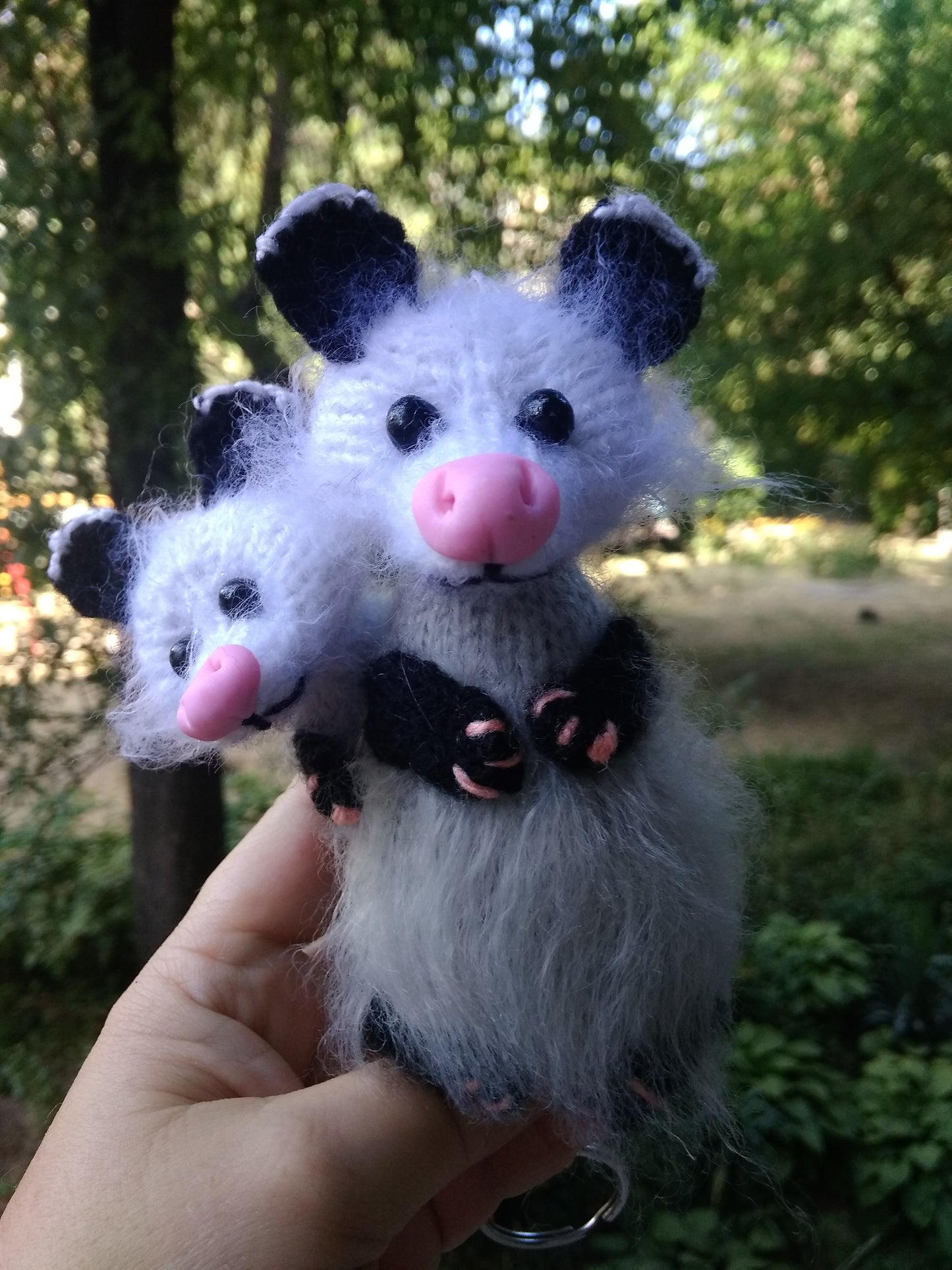 Plush Mom and Baby Possum Toys, Amigurumi Accessory for Bag, Backpack and Car Mirror View