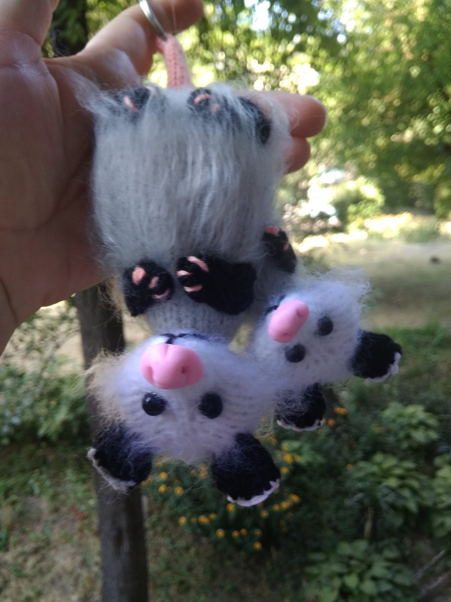 Plush Mom and Baby Possum Toys, Amigurumi Accessory for Bag, Backpack and Car Mirror View