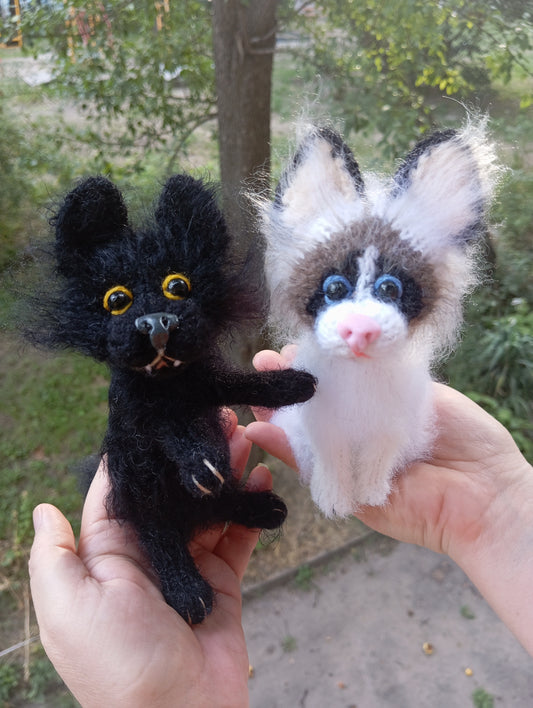 Set of two knitted cat, black cat toy, black and white cat plush, Knitt white cat toy