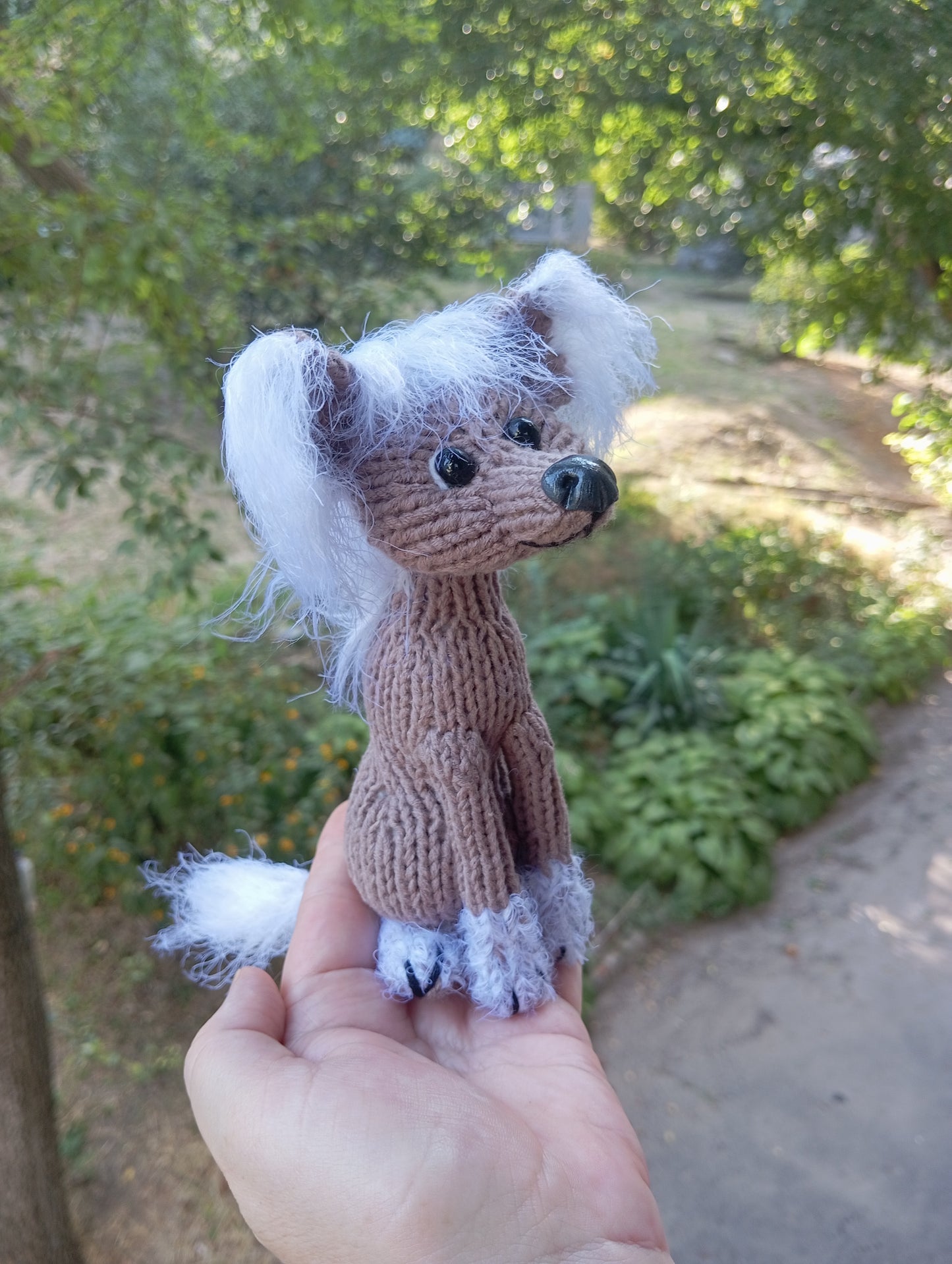 Knitted Plush dog figurine, Plush Crested Dog, Crochet Crested Dog Toy, Amigurumi Crested Dog