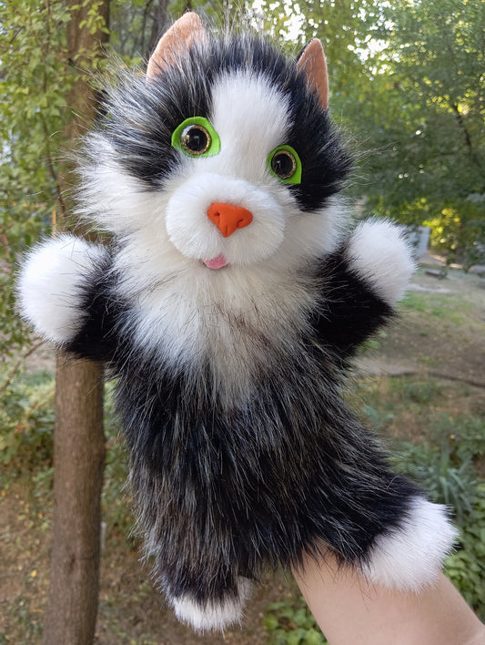 Black and White Cat Hand Puppet, Black cat Hand Puppet, Fluffy Cat hand Puppet, Glove cat, Plush cat