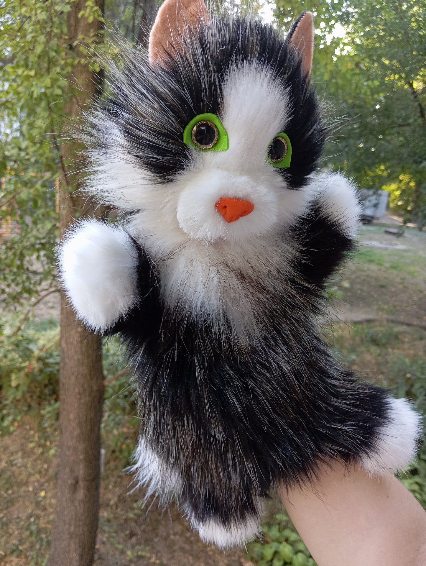 Black and White Cat Hand Puppet, Black cat Hand Puppet, Fluffy Cat hand Puppet, Glove cat, Plush cat