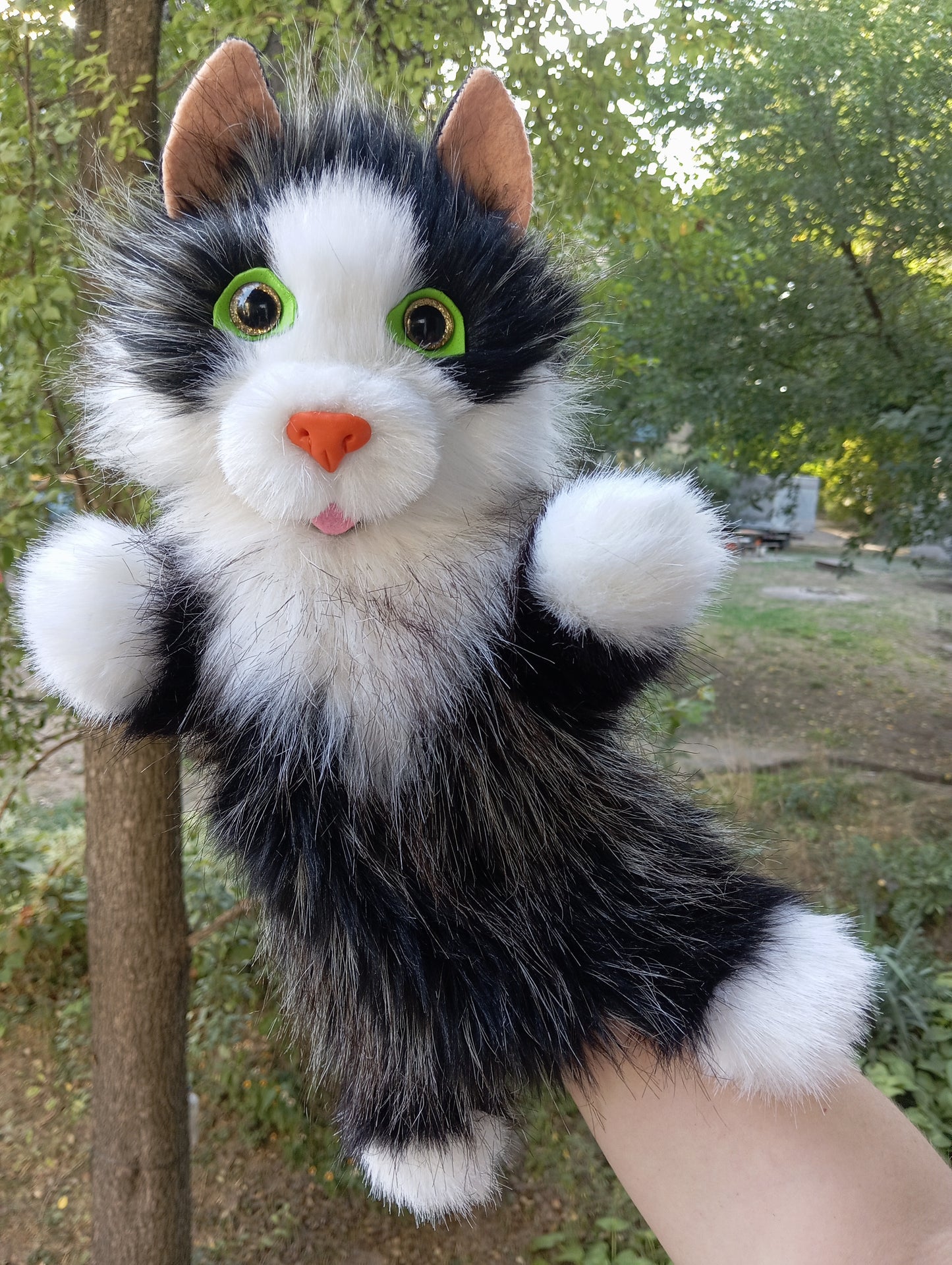 Black and White Cat Hand Puppet, Black cat Hand Puppet, Fluffy Cat hand Puppet, Glove cat, Plush cat