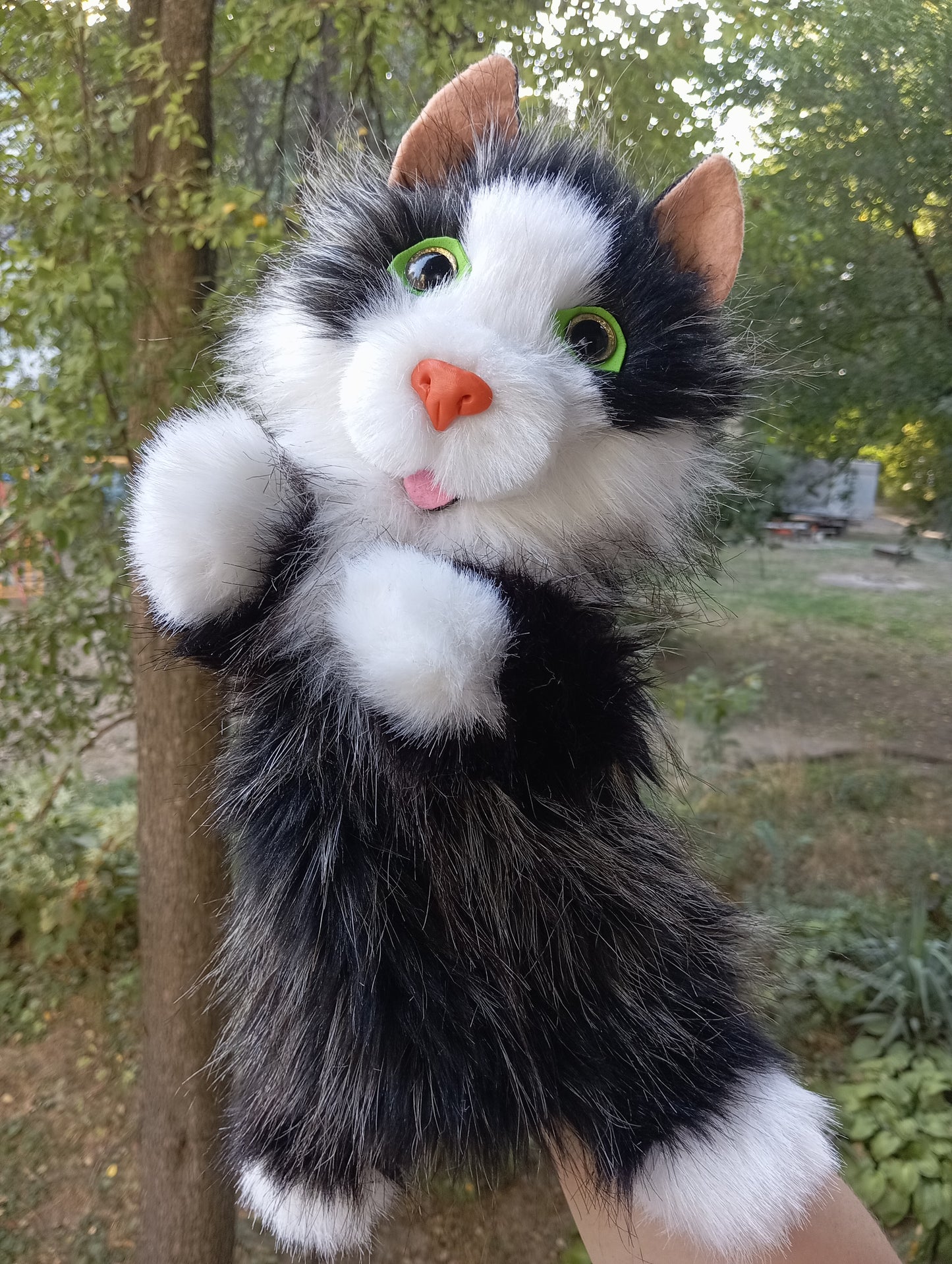 Black and White Cat Hand Puppet, Black cat Hand Puppet, Fluffy Cat hand Puppet, Glove cat, Plush cat