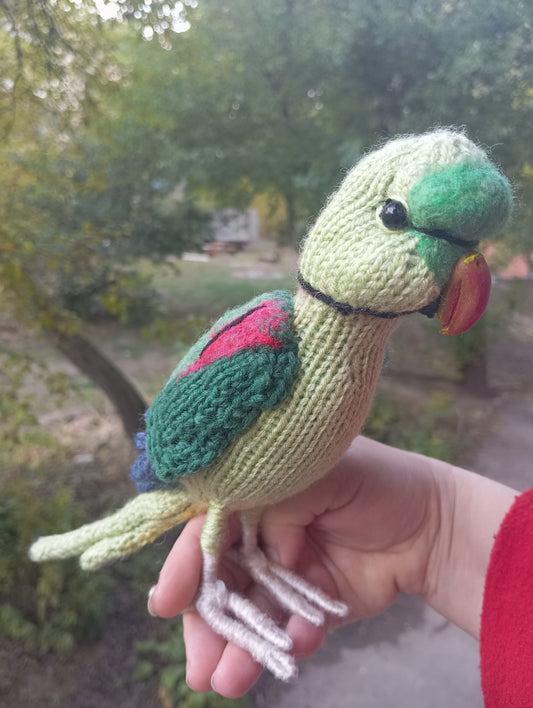 Knitted Green Parrot Figurine: Handmade Ringneck Parrot Plushie