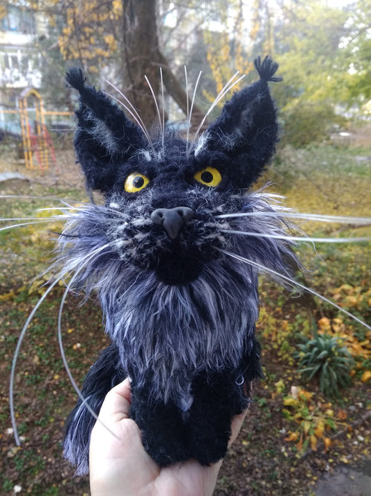 Black Mainecoon Plushie, Knitted Black Cat Figurine