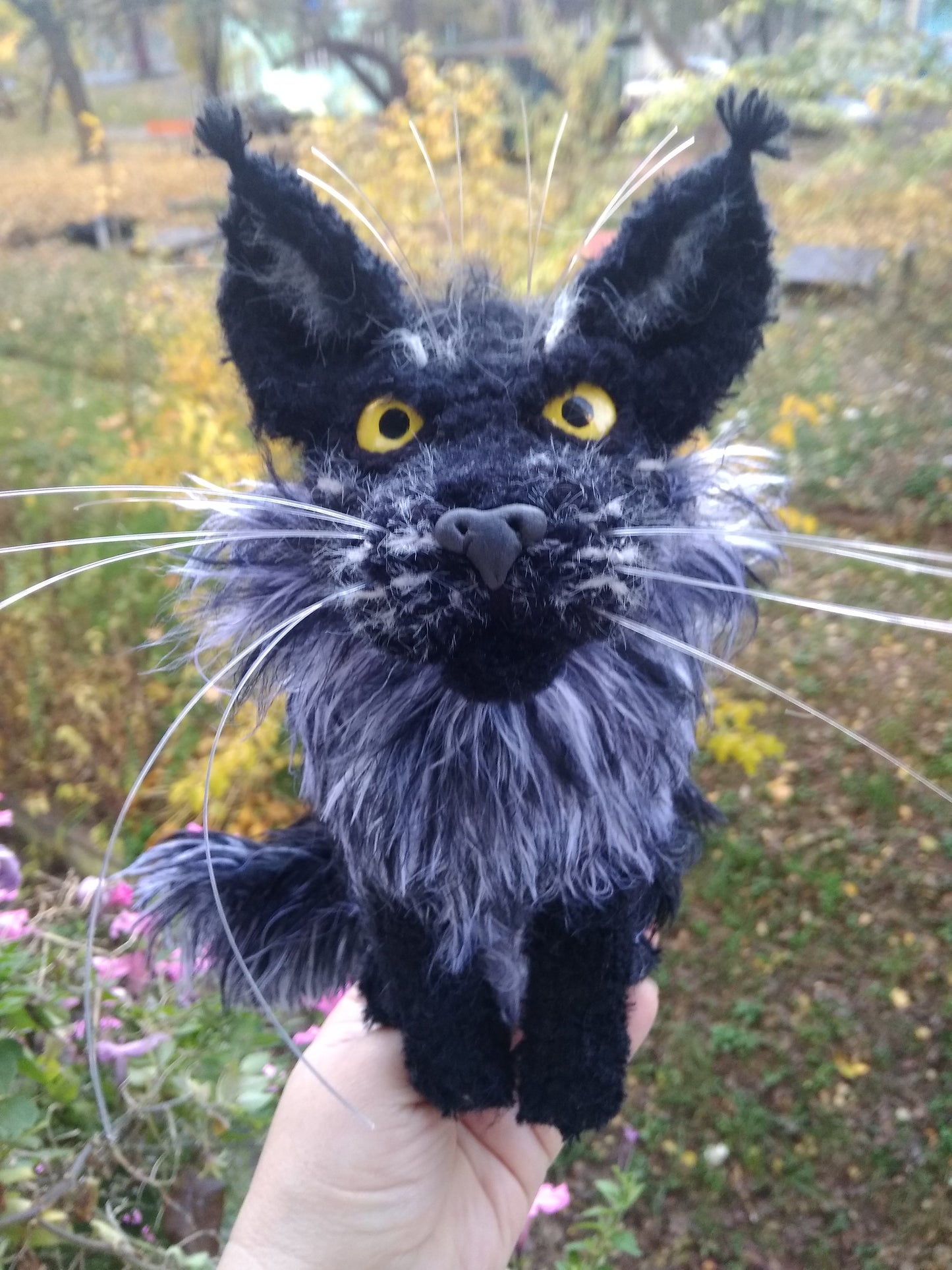 Black Mainecoon Plushie, Knitted Black Cat Figurine